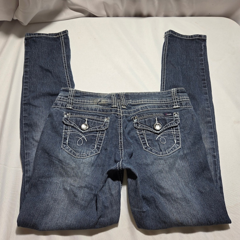 Angels Womens Skinny Jeans Blue Dark Wash Thick Stitch Rhinestone Low Rise Sz 5 - Picture 4 of 8